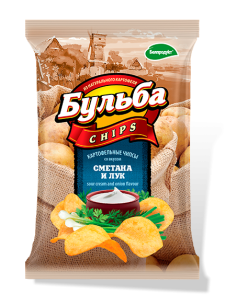 Чипсы картофельные "Бульба chips" со вкусом сметаны и лука (из сырного картофеля) 75г*28 Чипсы картофельные "Бульба chips" со вкусом сметаны и лука (из сырного картофеля) 75г*28